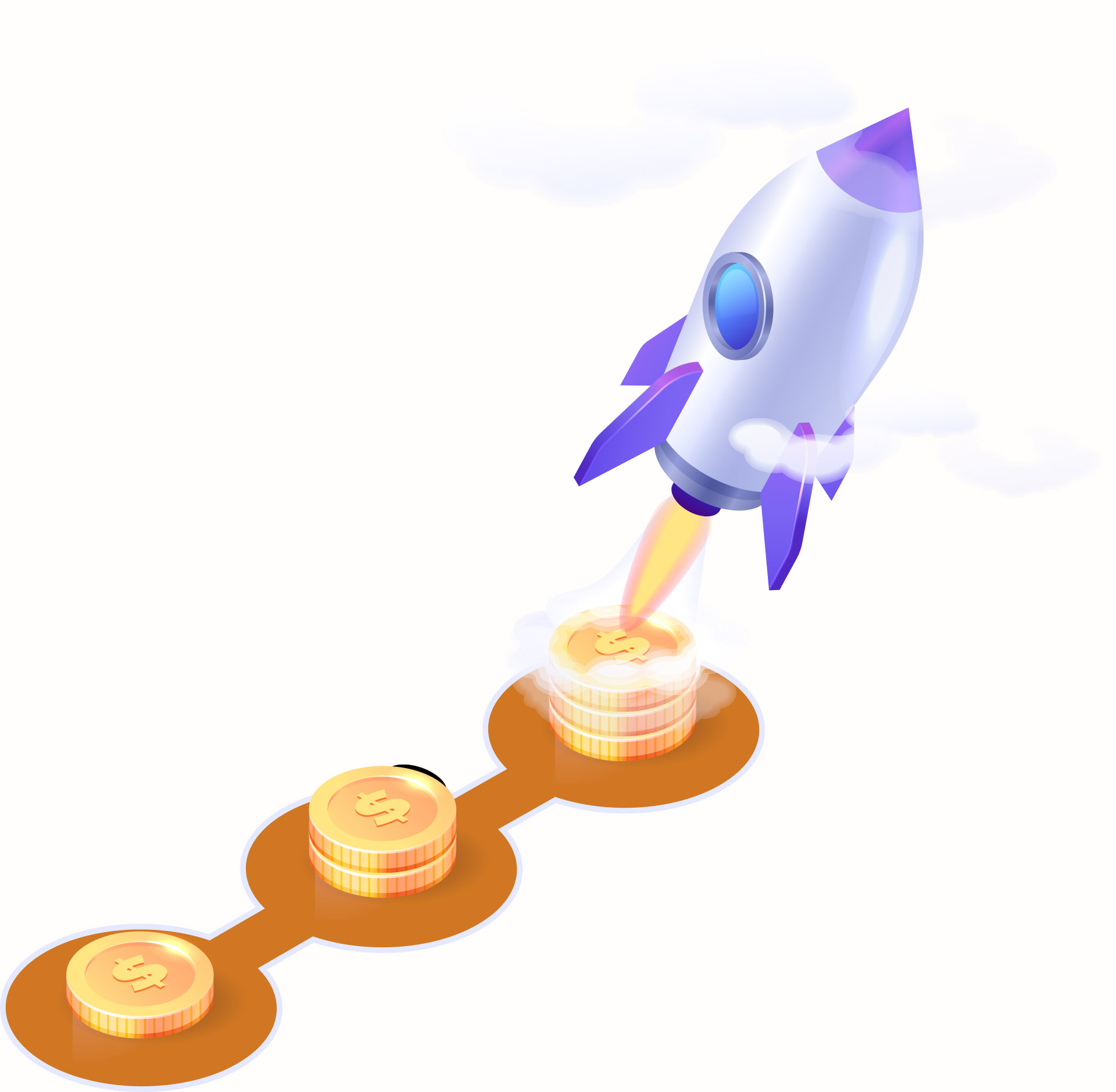 Rocket ship launching from dollar coins